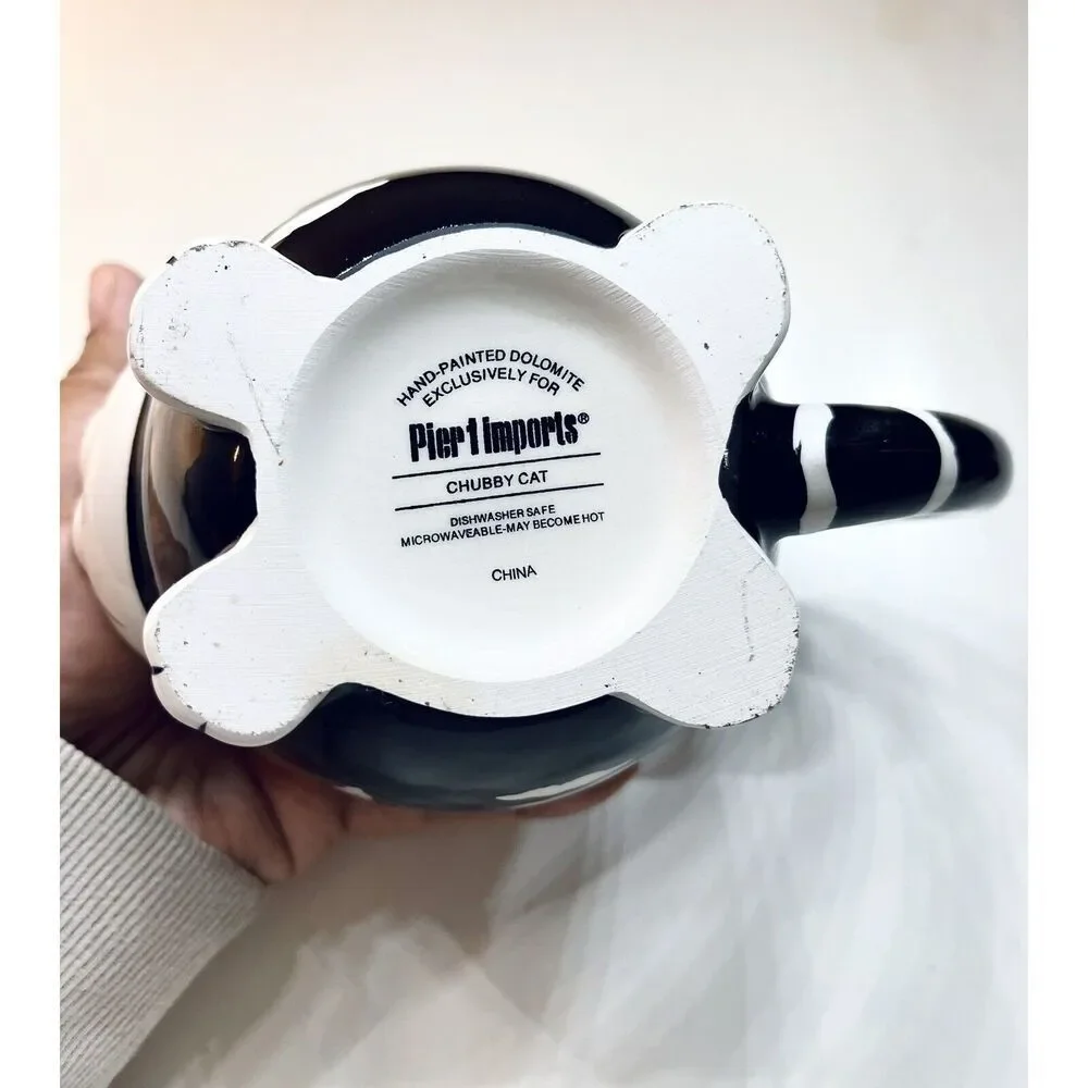 Chubby Cat Mug Pier 1 Hand Painted Dolomite‎ Black & White Striped Coffee Cup